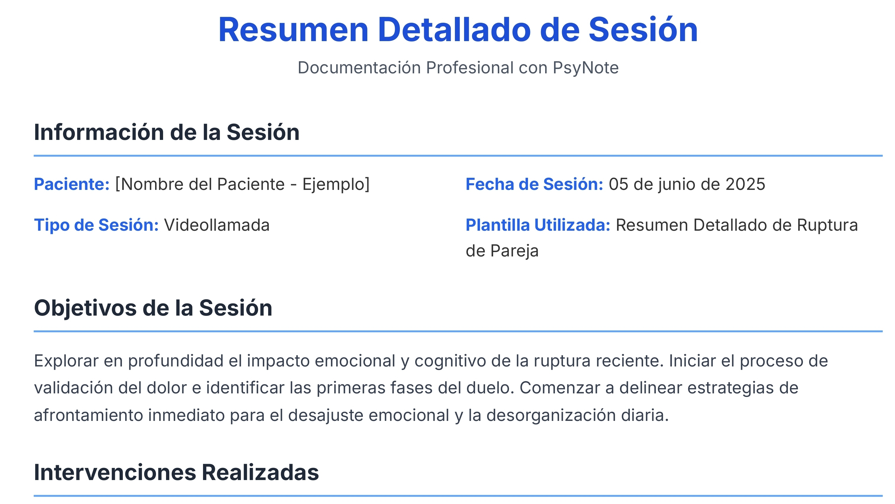 Vista previa de un resumen de sesión